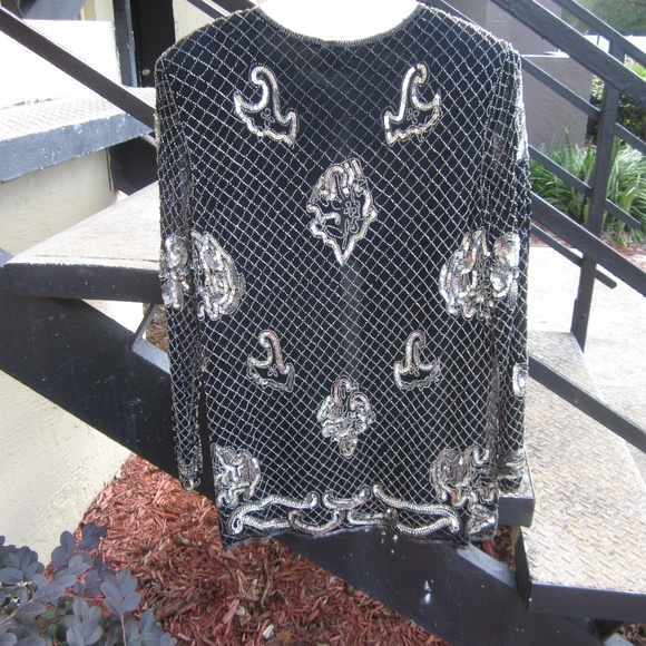 Silk black jacket with silver sequined design - Picture 3 of 7